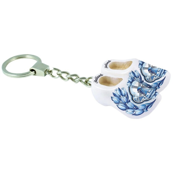 Schlüsselanhänger Clogs - 2 Holzschuhe - Design: Weiß mit Tulpen